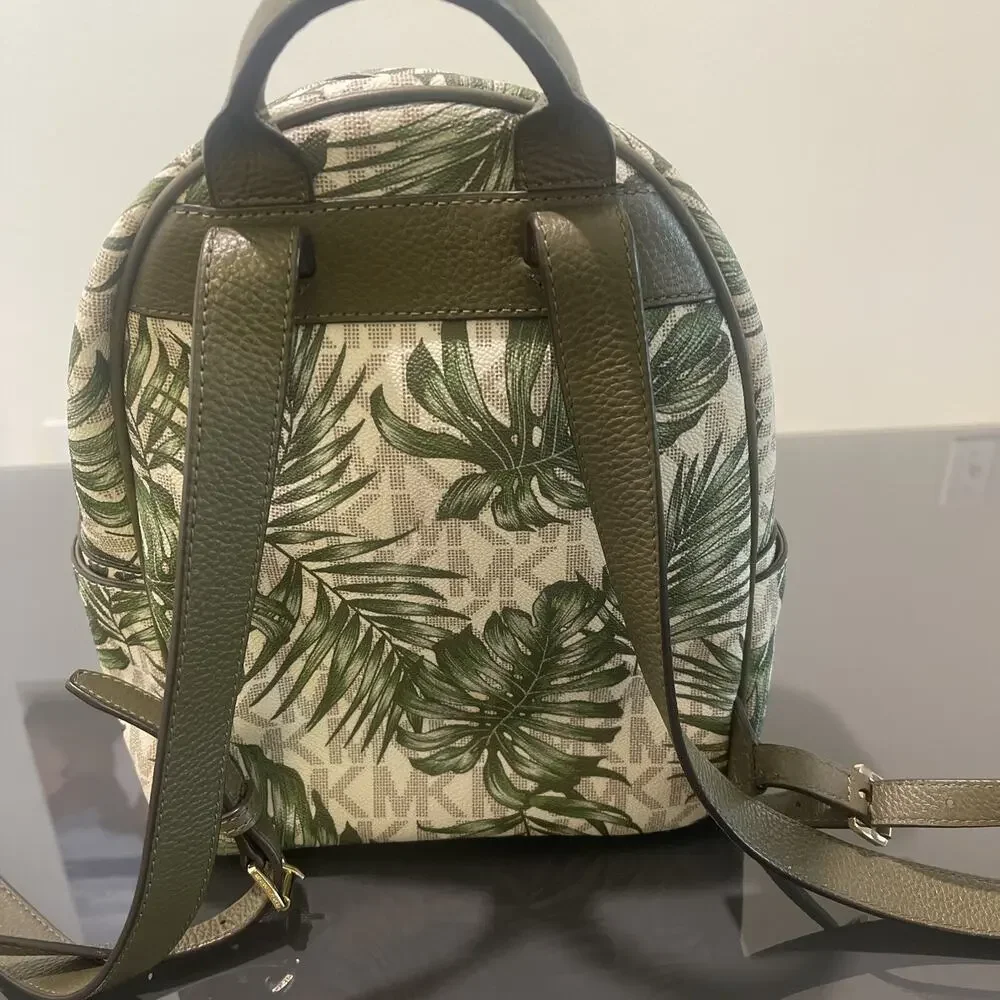 NWT Michael Kors Leather Abbey Vanilla Olive MK Logo Palm Leaf Backpack Rare